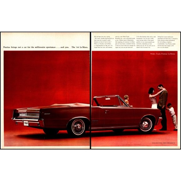 1964 Pontiac Wide Track LeMans Convertible 2 Page Vintage Print Ad Wall Art - Picture 1 of 3
